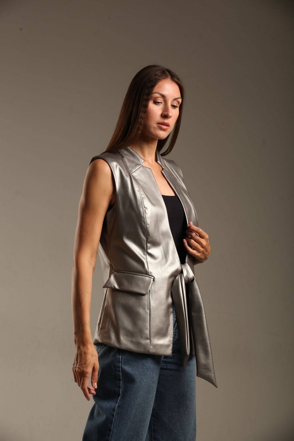 Faux Leather Long Vest