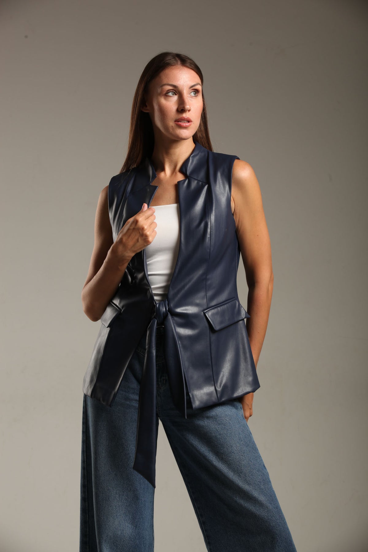 Faux Leather Long Vest