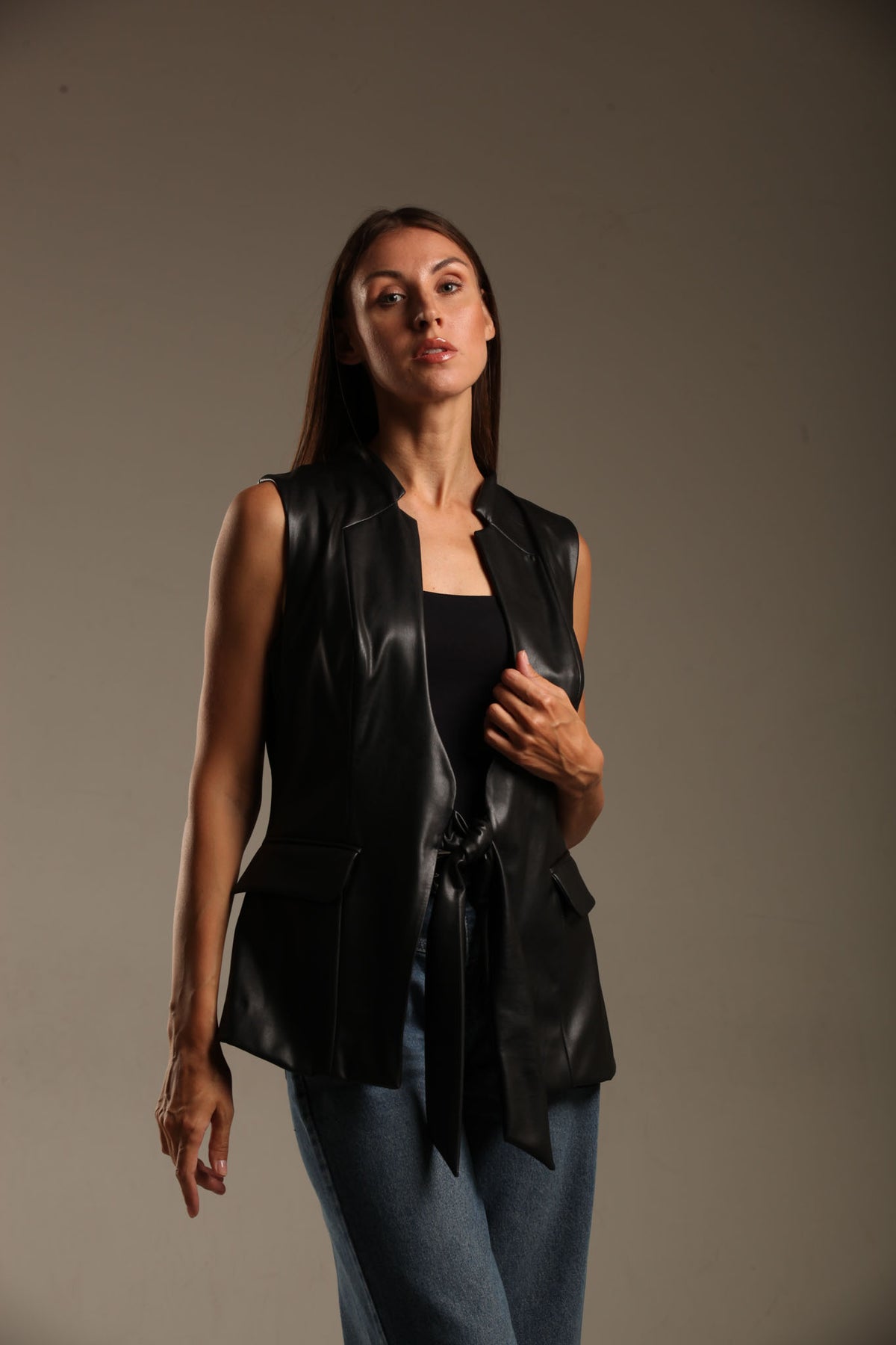 Faux Leather Long Vest