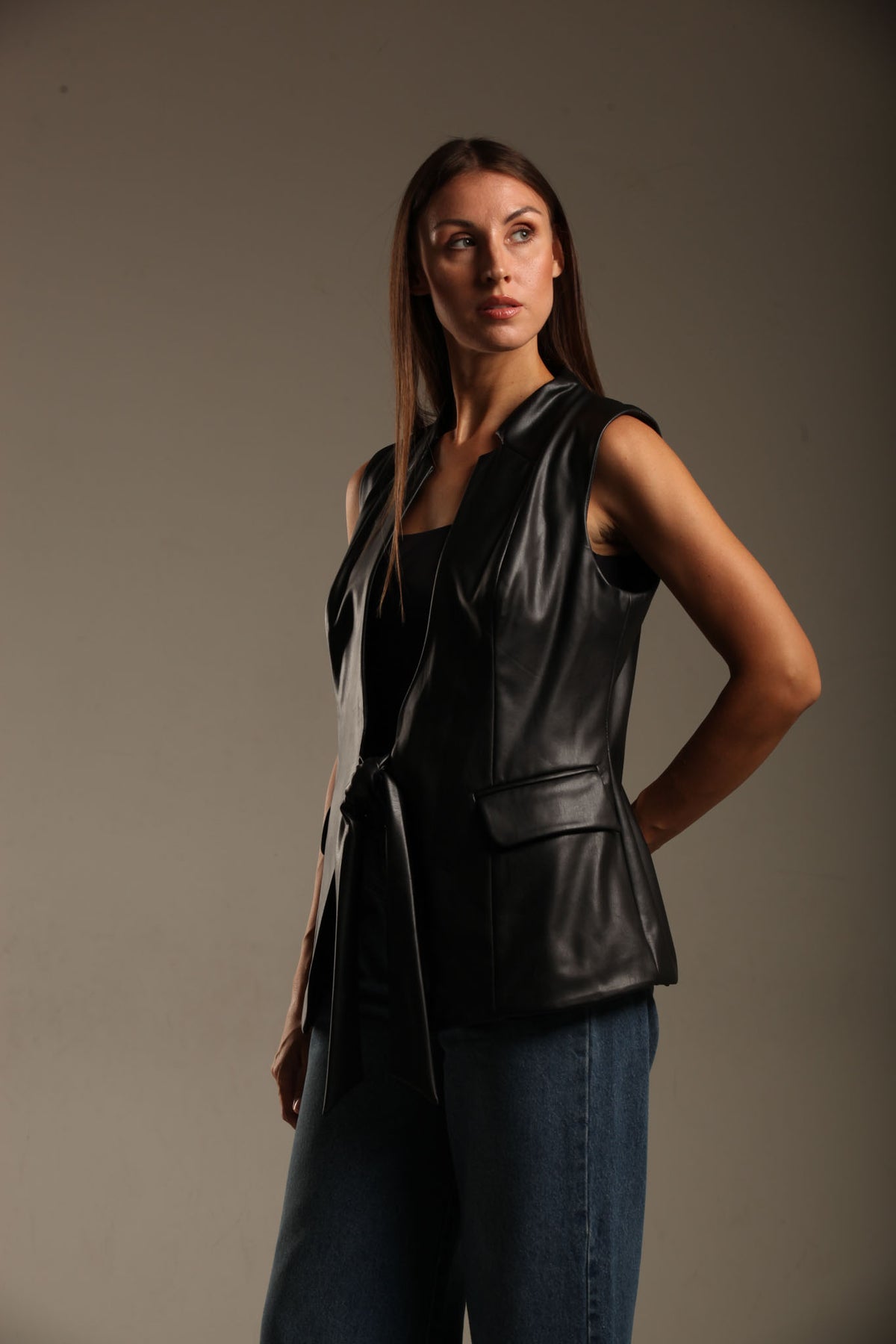 Faux Leather Long Vest